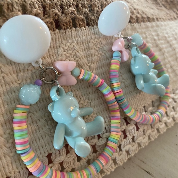 Teddy bear charm XL hoop loop rubber gender reveal shower earrings baby shower - Picture 3 of 3